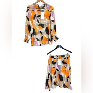 Kaffe NWT size 10 Abstract Print Blouse and Skirt Set- sheer effect, puff sleeve